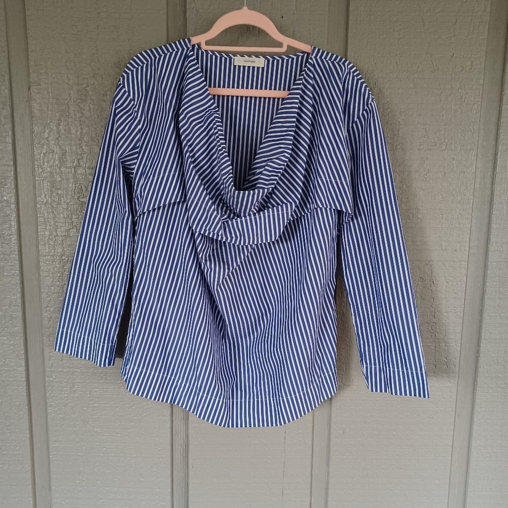 Suistudio Blue White Striped Top Size 12 Women Long Sleeve Cotton Preppy